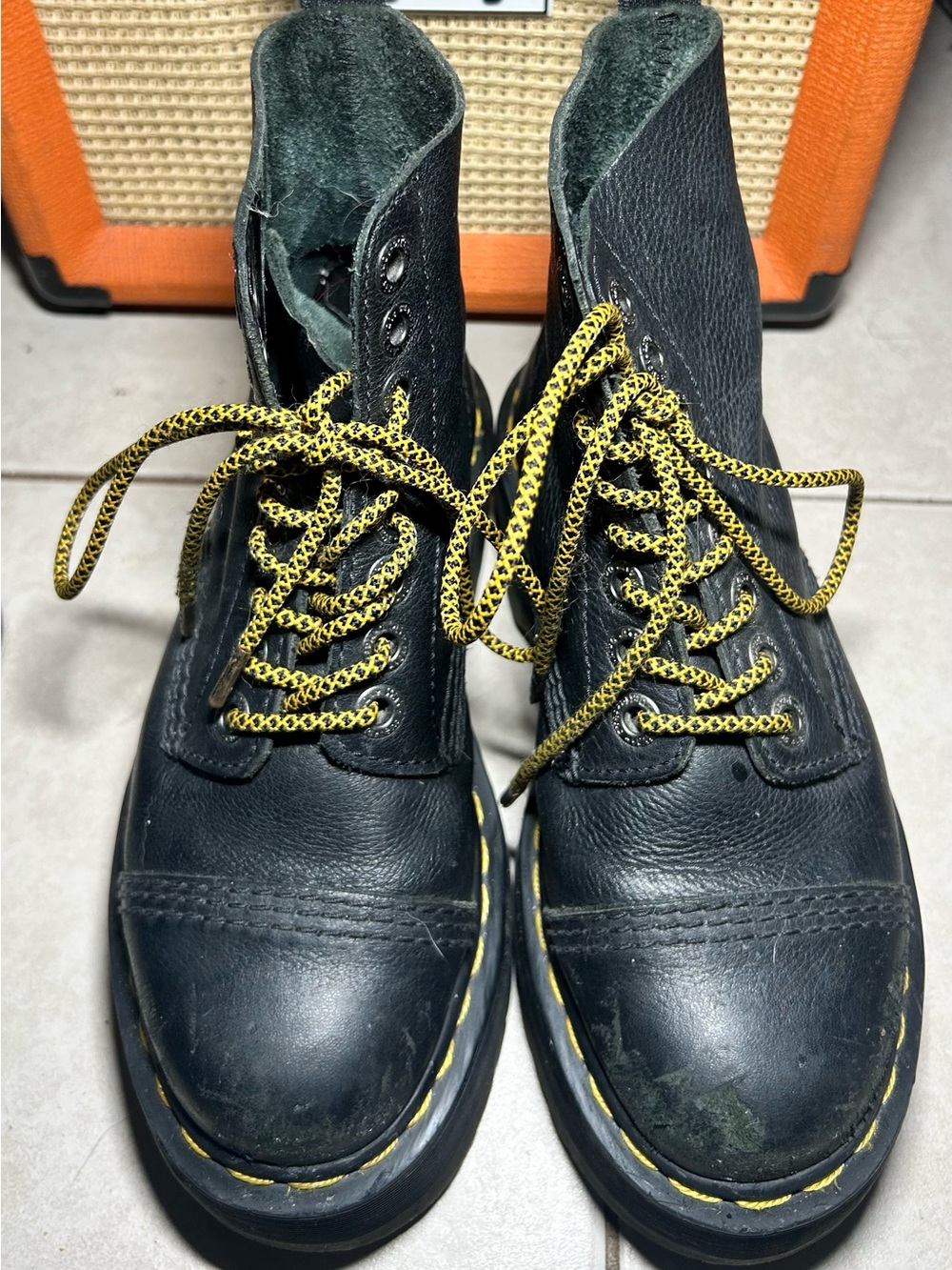 Dr. Martens Black Leather Lace-Up Boots with Yellow Laces
